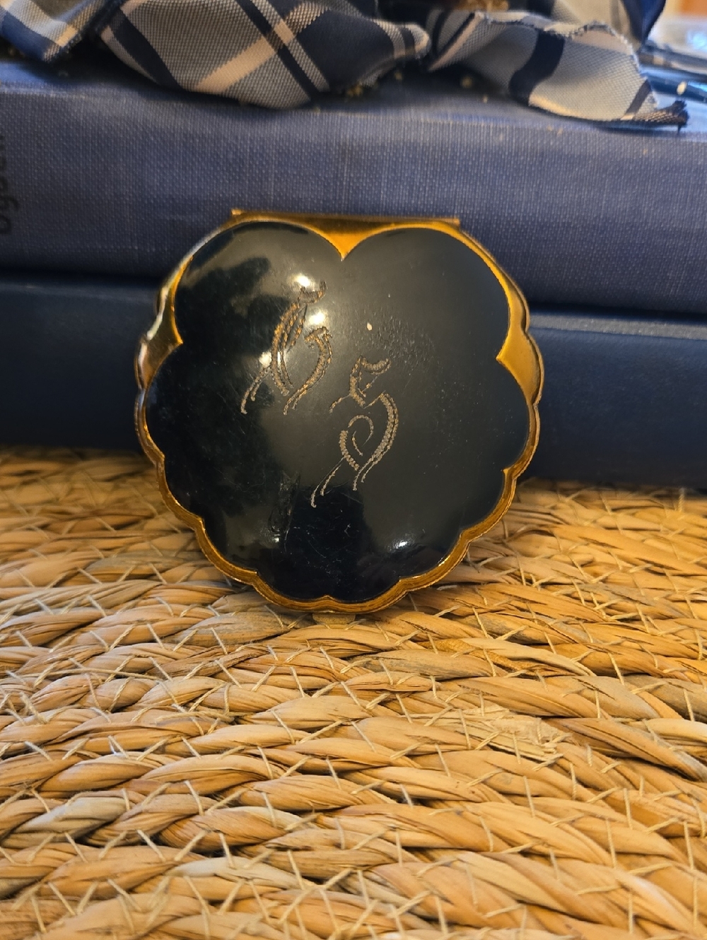 Elgin American Black Heart-Shaped Monogramed Compact with Brass Trim